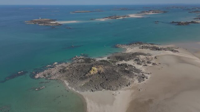 Aerial view of the wild Chausey archipelago and its rocks, Normandy, France