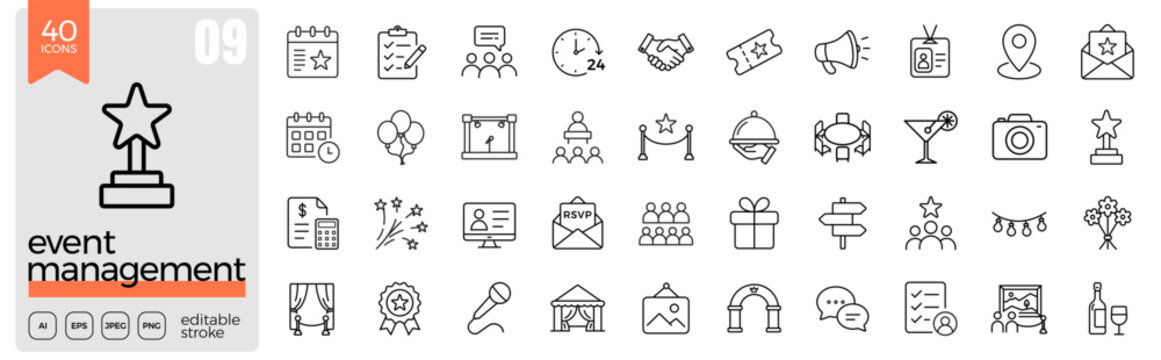 Event management outline icon set. Planning, scheduling, organization, conference, exhibition, ticketing, venue, celebration, event coordination. Editable stroke. Vector illustration