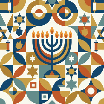 Modern geometric Hanukkah seamless pattern with menorah and dreidel