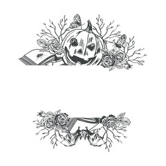 Obraz premium Halloween template with a pumpkin, bat, branches, roses and a book. Hand drawn vector illustration in a graphic style. Black ink clip art for cards, invitations and holiday banners.