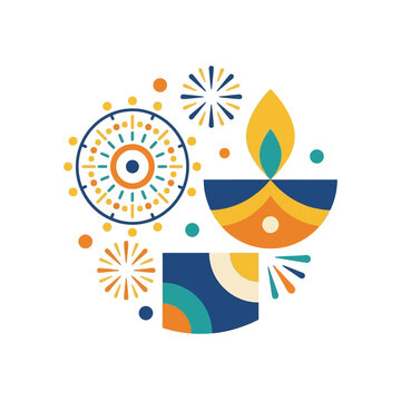 Modern geometric illustration of a Diwali diya lamp with festive fireworks