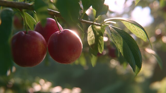 Ripe red plums on tree branch in sunlight