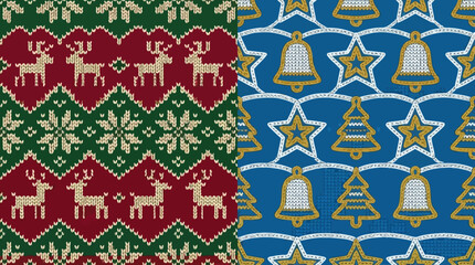 Festive holiday patterns featuring traditional reindeer knit and sparkling Christmas ornaments © galih