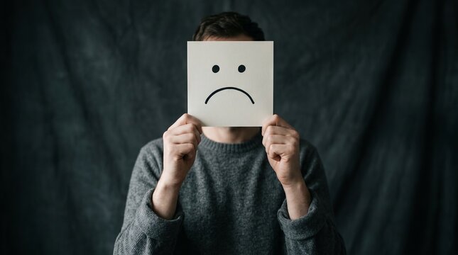 Man holding paper card with sad face emoticon covering his face. Depression, mental health, mood struggle and feeling unhappy concept. Expression of emotions and social anxiety mask