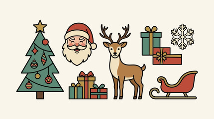 Set of colorful Christmas icons featuring Santa and a festive reindeer © galih