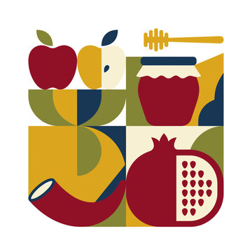 Modern geometric illustration of Rosh Hashanah symbols with apples and honey