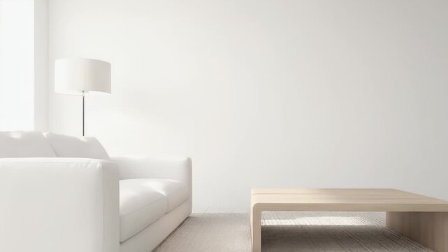 Modern living room interior with white sofa and wooden coffee table.