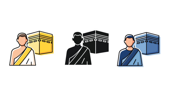 Pilgrim at Kaaba religious icon set: logo icons vector set. Blue, Black and white icons