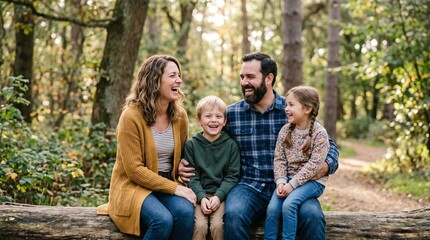 Fototapeta premium Happy family with father, mother, son and daughter sitting on tree log in autumn forest. Joyful parents spending time with children outdoors. Fall lifestyle, love and togetherness