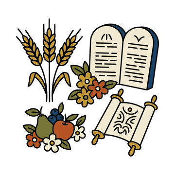 Traditional Jewish symbols for Shavuot holiday including Torah scroll and wheat harvest