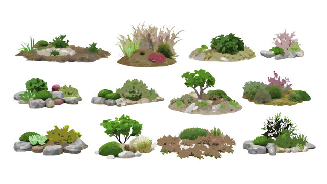 Set of decorative rock garden and plant landscape elements