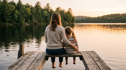 Fototapeta premium Mother and daughter sitting on a wooden dock by a calm lake while watching the sunset. Family bonding time in nature during the summer vacation. Peaceful outdoor lifestyle photography
