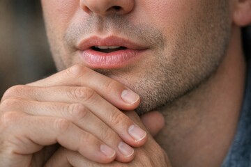 Fototapeta premium A close-up view of a man thinking deeply, hand on chin
