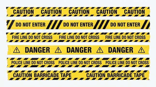 Caution and danger tape set for safety and crime scene management in industrial and public areas. concept of hazard prevention, law enforcement tool, safety tape application