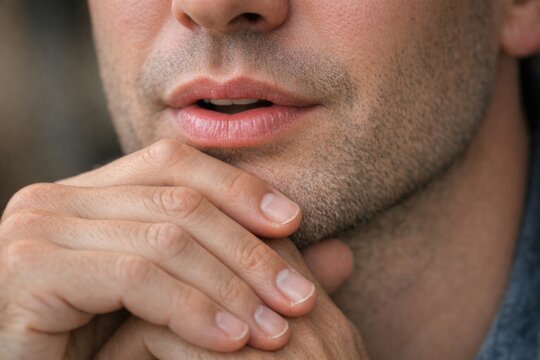 A close-up view of a man thinking deeply, hand on chin