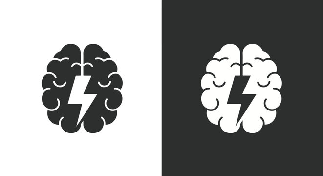 Human brain with lightning bolt icon: Clipart, sticker - icon set - Line and glyph solid icon and logo template 