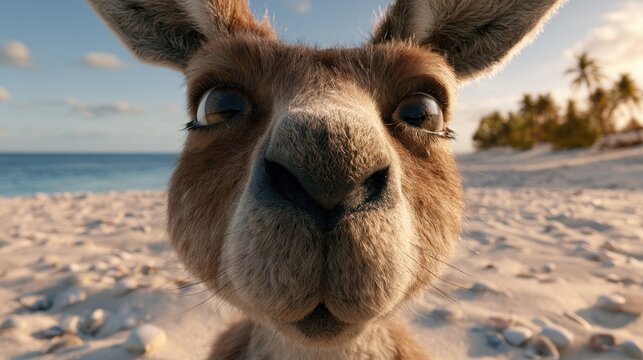 Extreme close-up fish-eye view of a kangaroo face