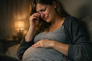 Obraz premium A pregnant woman sits on a couch, cradling her hand to her face, conveying emotional distress