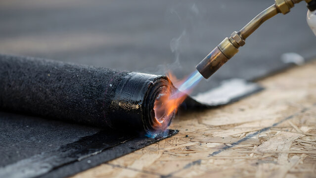Applying bituminous waterproofing membrane with a gas torch on a roof