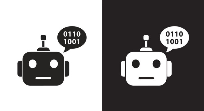 Robot head with binary code speech bubble: Clipart, sticker - icon set - Line and glyph solid icon and logo template 