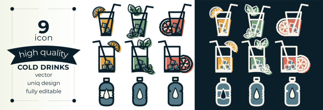 Refreshing drinks and lemonade icon set. Flat vector illustration of summer cocktails, mojito, iced tea, and water bottles isolated on white and dark backgrounds.