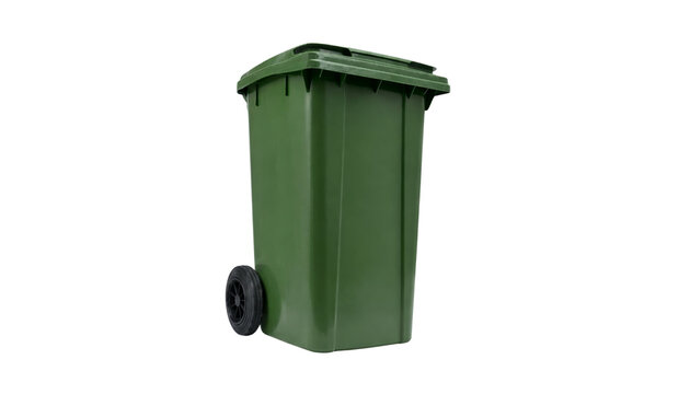Green plastic outdoor trash bin with lid and wheels, isolated on transparent background. Recycling, cleanliness, and environmental management.