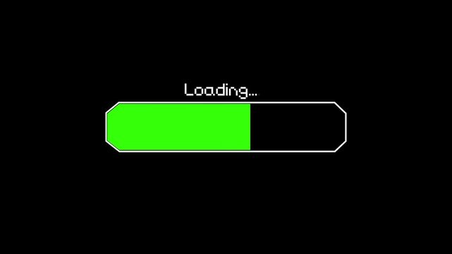 Animation of Abstract loading, processing or buffering bar, pixel art with loading text and blinking dots. 4k.