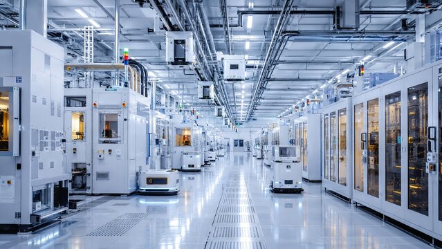 Automated manufacturing facility with autonomous mobile robot moving through electronics production plant. Modern high-tech industrial assembly line and smart factory technology concept