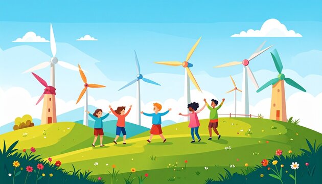Children playing on colorful playground with windmills.