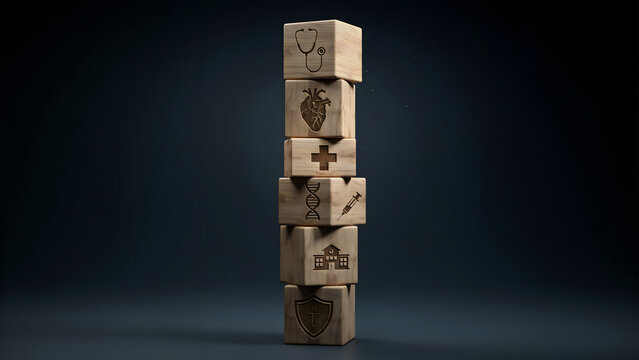 A vertical stack of wooden blocks with various healthcare icons on dark background