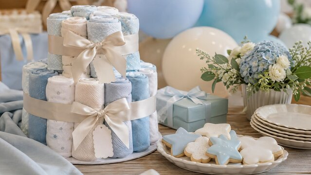 Diaper cake made of rolled blue and white baby blankets for boy baby shower. Decorative center piece with bow and gift box for celebration, nursery theme and expectant mother party