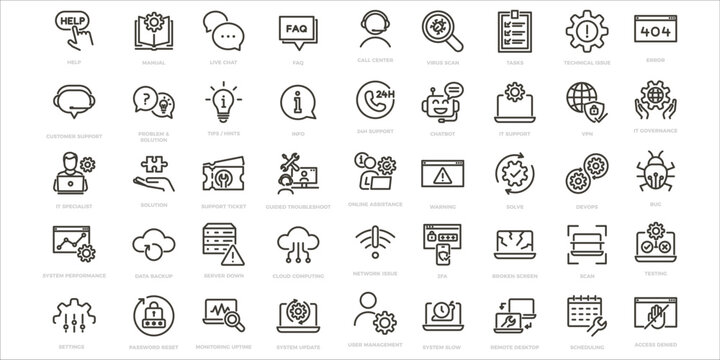 IT support and services icon set. Help desk, troubleshooting, technical services, computer maintenance, security, cloud, repair, customer support icons