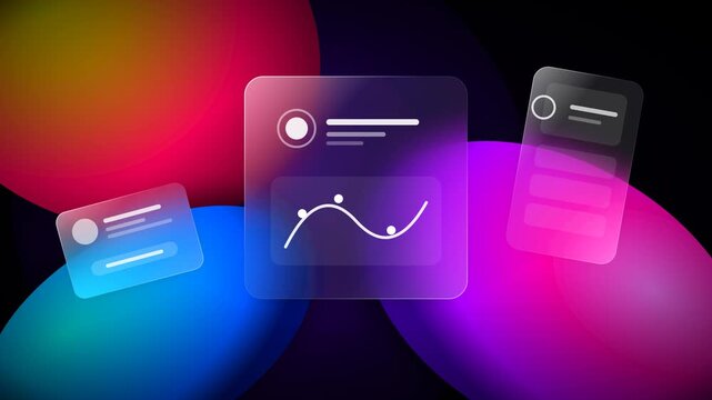 Glassmorphism UI elements, modern frosted glass interface design, transparent user experience components, vibrant gradient background, digital data visualization, web design, app development