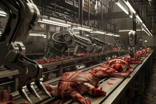 Robots processing human like bodies on assembly line