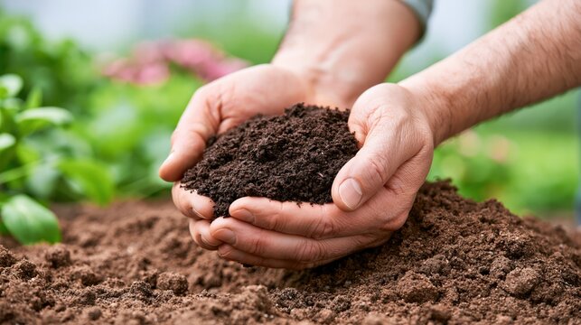 Gardener's hands carefully holding rich, dark soil for planting in a lush garden