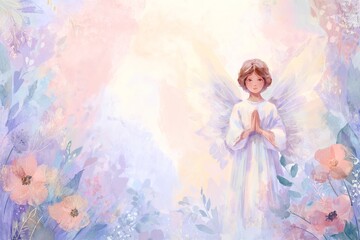 Obraz premium Delicate watercolor postcard for First Communion invitation with angel motif and gentle flowers on soft pastel tones. Ideal for sacramental announcements, celebration cards, spiritual event branding
