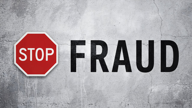 A red stop sign icon next to the word fraud on a textured grey background