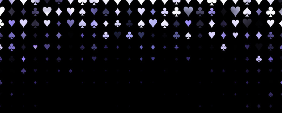 Vip Casino poker suits party seamless pattern. Bright Purple Neon spades, hearts, clubs, diamonds texture on dark background. Playing card symbols backdrop for gambling casino BG. Vector illustration.