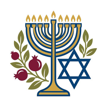 A golden menorah with a Star of David and pomegranate branch
