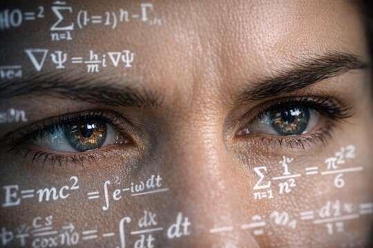 A detailed view of someone intensely focused on mathematical equations and formulas, possibly in a study or research environment