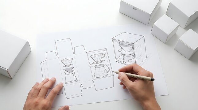 Designer sketching packaging layout for coffee pour over set on white desk