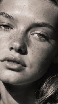 Vertical video: Tilting head, closeup female shifting gaze and blinking in studio, freckles visible