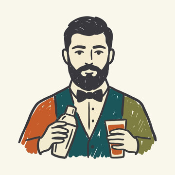 Hand-drawn illustration of a bearded bartender holding a shaker and a drink