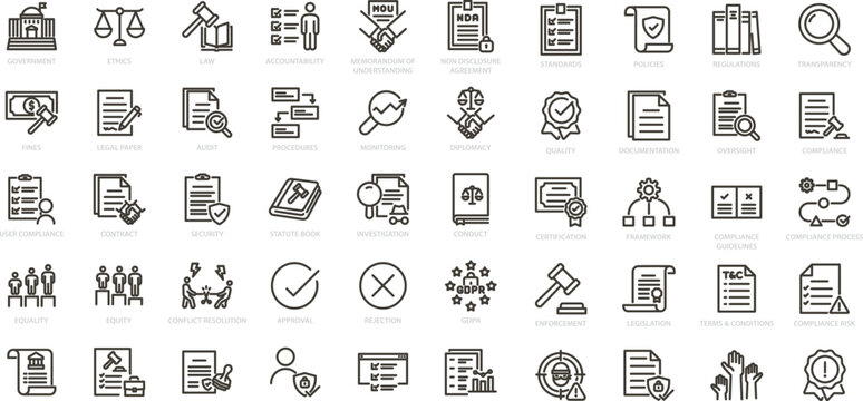 Legal and compliance icon set. Law, audit, data privacy, policy governance, regulatory, regulations icons.