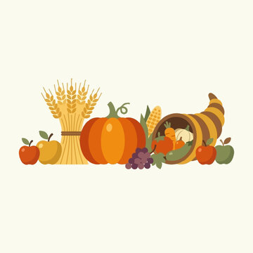 Thanksgiving cornucopia with autumn harvest vegetables and wheat sheaf