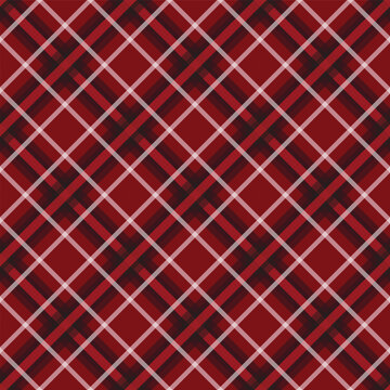 Red plaid seamless pattern vector, diagonal tartan fabric texture, classic burgundy checkered background for winter fashion and holiday gift wrap
