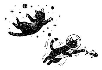 Space cats floating among stars and planets in hand drawn woodcut style © Camel