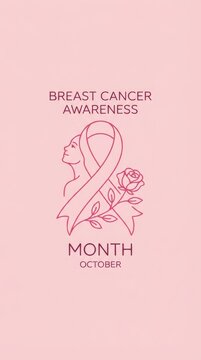 Minimal pink breast cancer awareness month ribbon line art with floral rose and female profile for october poster and social media background design