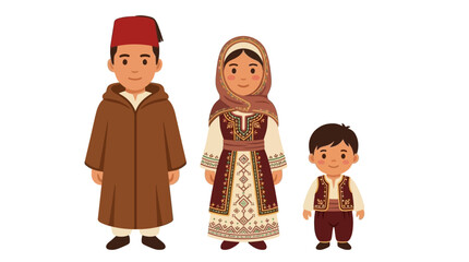A family wearing traditional Moroccan clothing stands together in a simple flat illustration © herman