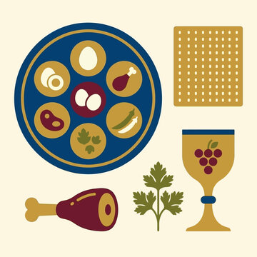Vector illustration of traditional Passover Seder plate and symbols